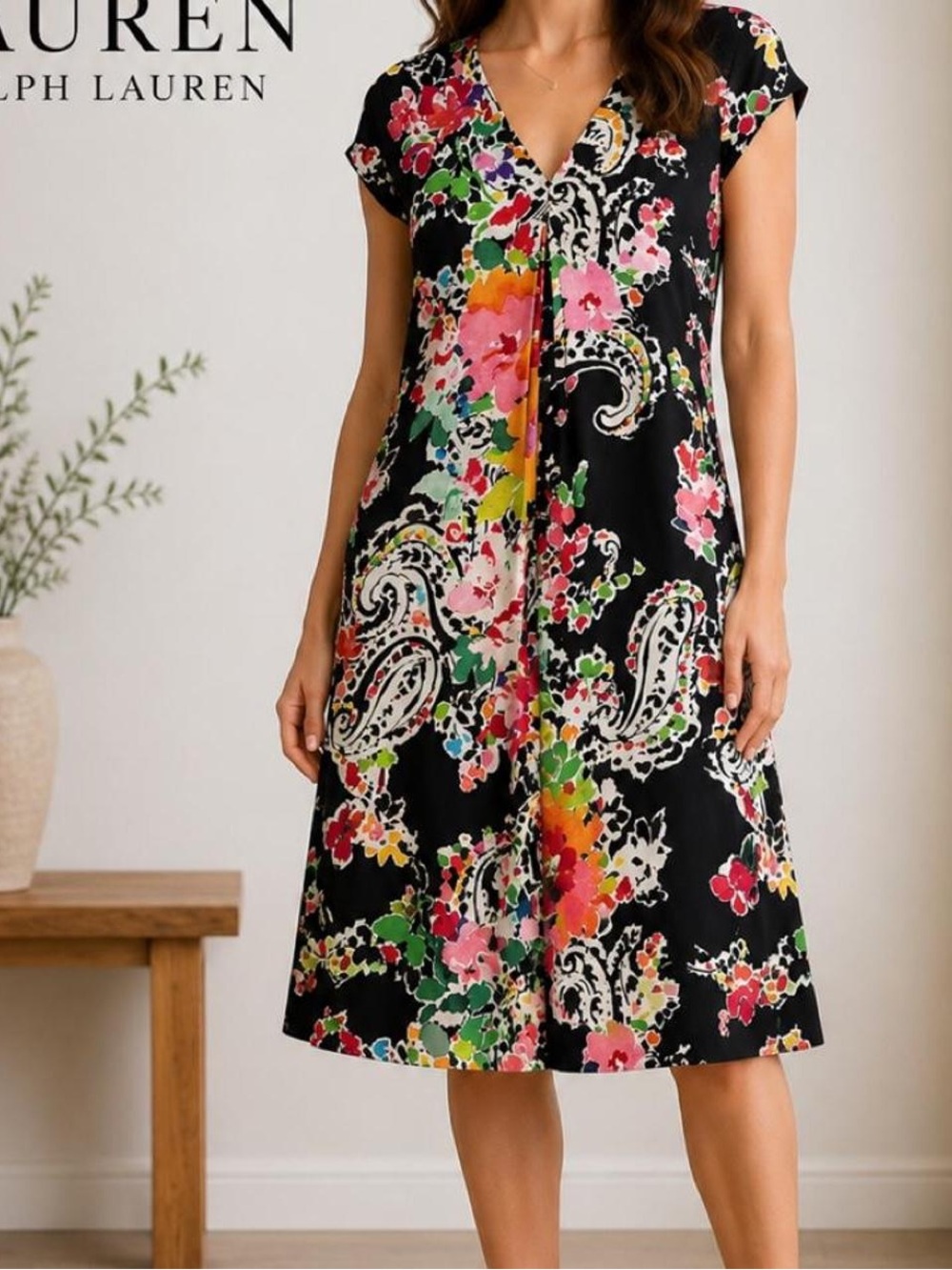 LRL Ralph Lauren Black Watercolor Floral Paisley V-Neck Midi Kaftan Dress Size 4
